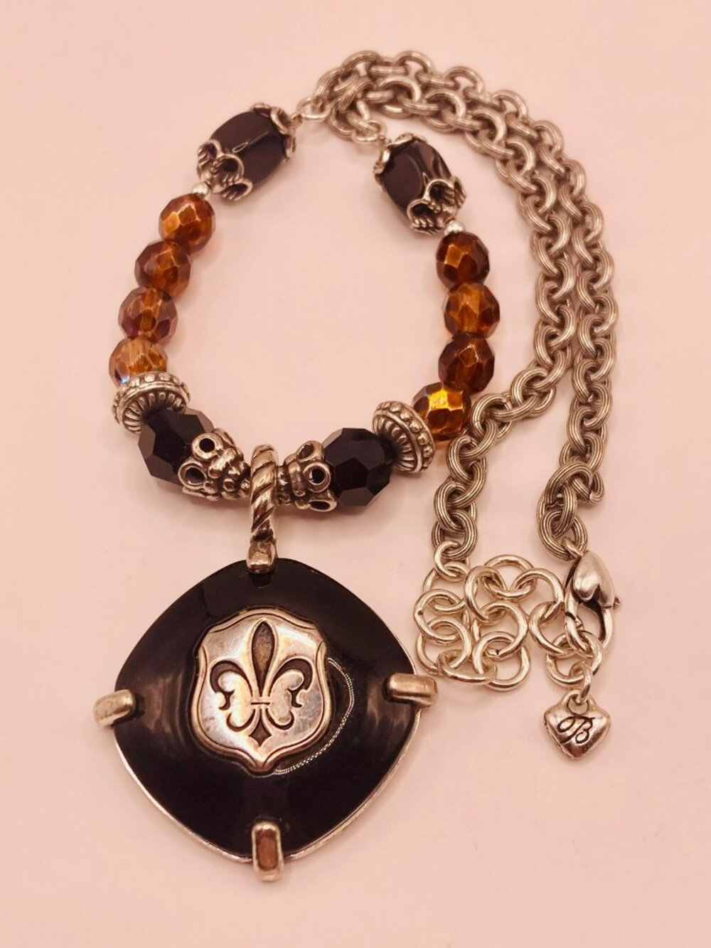 Brighton Black Onyx Brown Beaded Fleur De Lis Pendant Necklace -40B